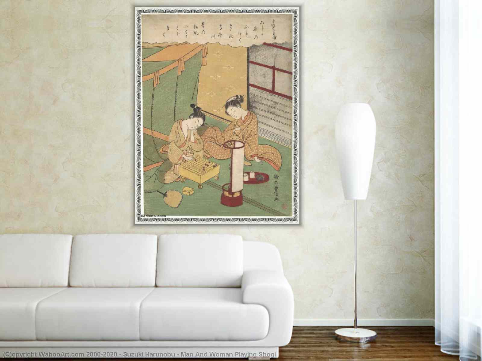 Museum Art Reproductions Man And Woman Playing Shogi by Suzuki Harunobu  (1725-1770, Japan)