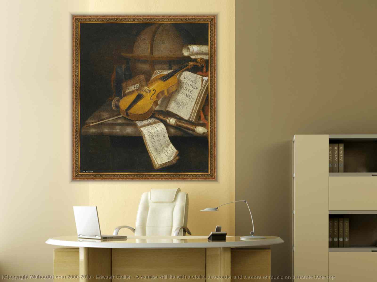 Reproductions D'art De Musée Une vanitas vit toujours avec un violon, un  magnétophone et une partition de musique sur une table en marbre de Edwaert  Collier (1642-1708)